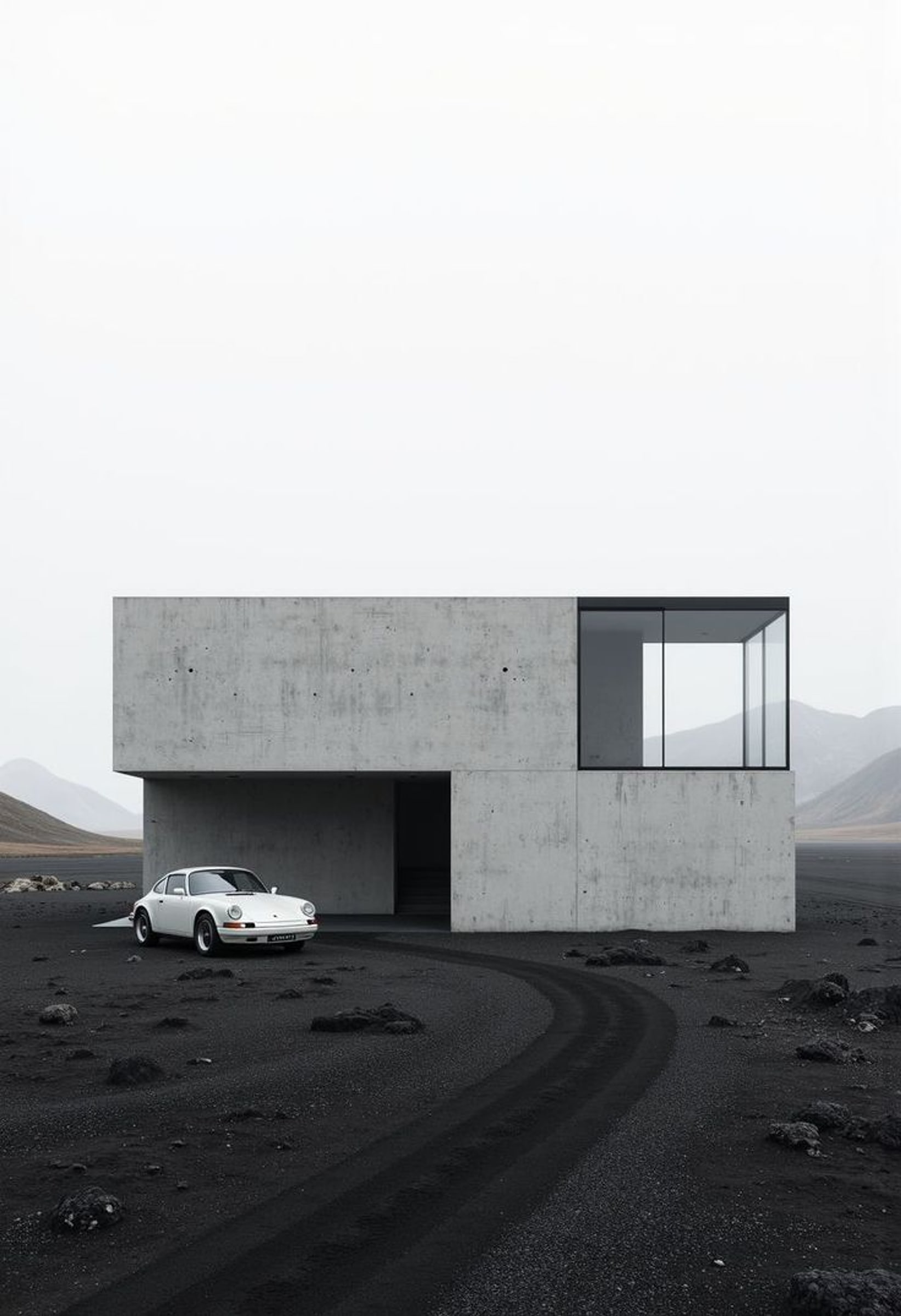 A concrete pavilion with a glazed corner on dark ground