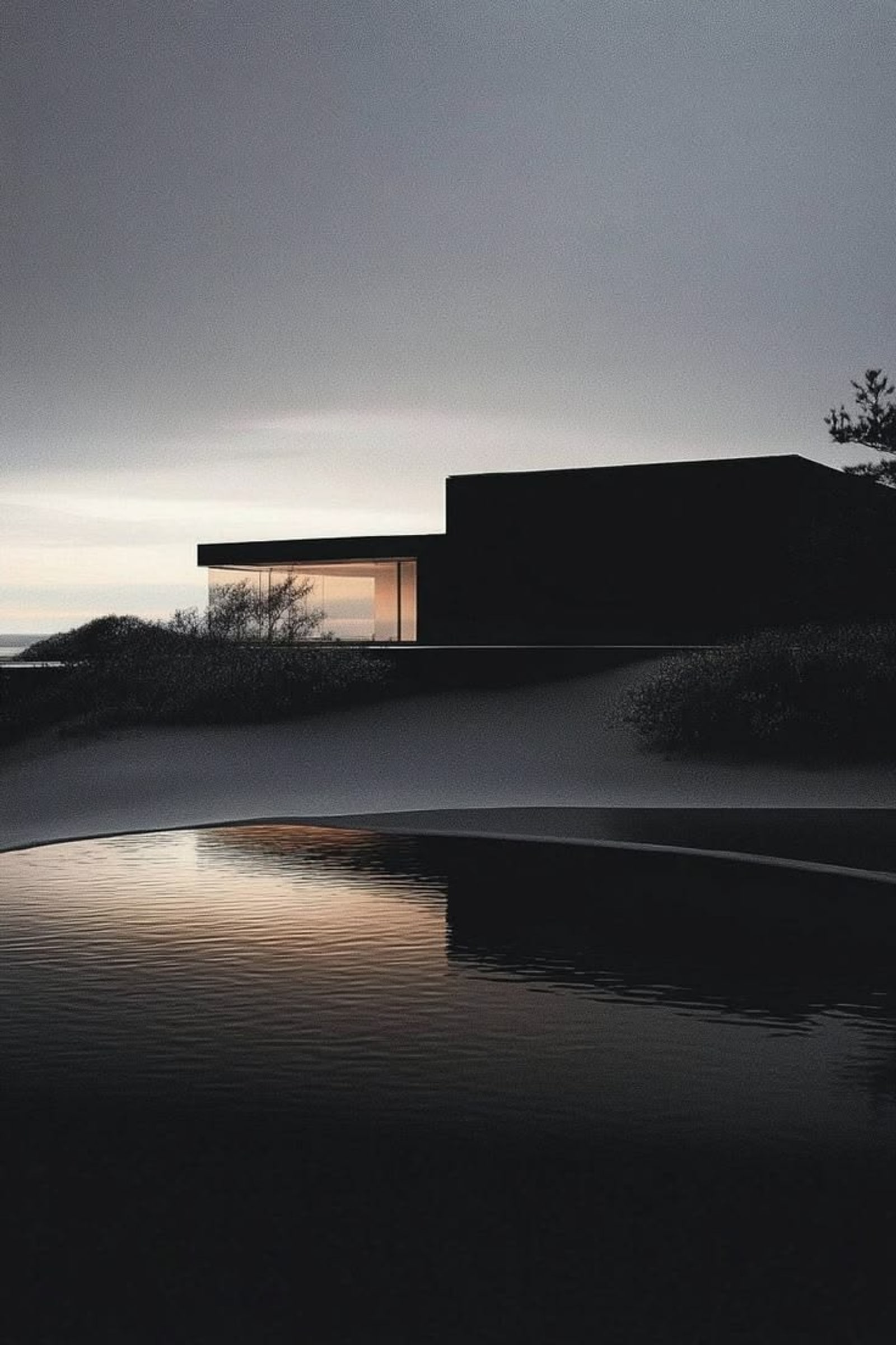 A dark architectural volume glowing from within at night