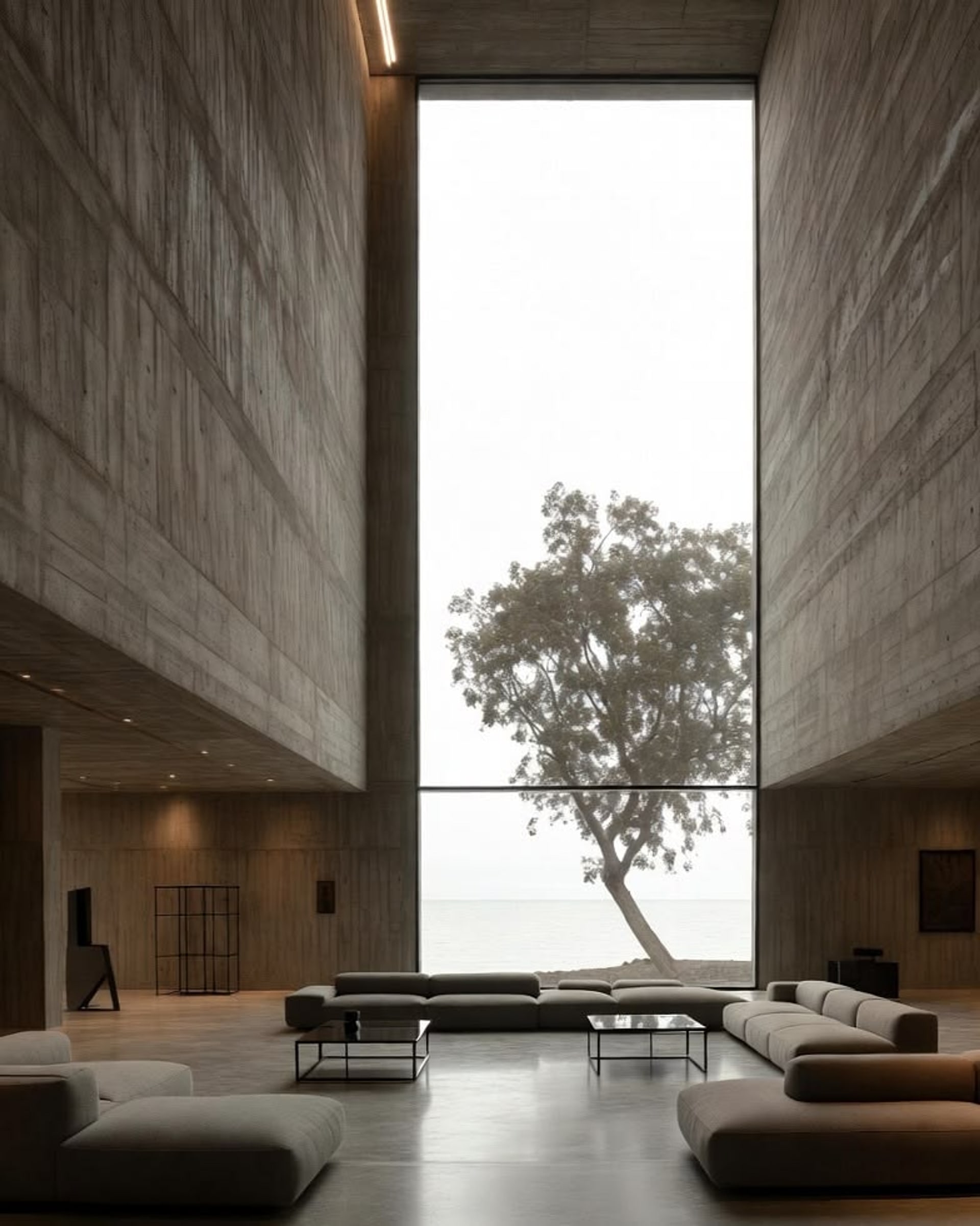 A tall concrete room opening onto a single kept tree
