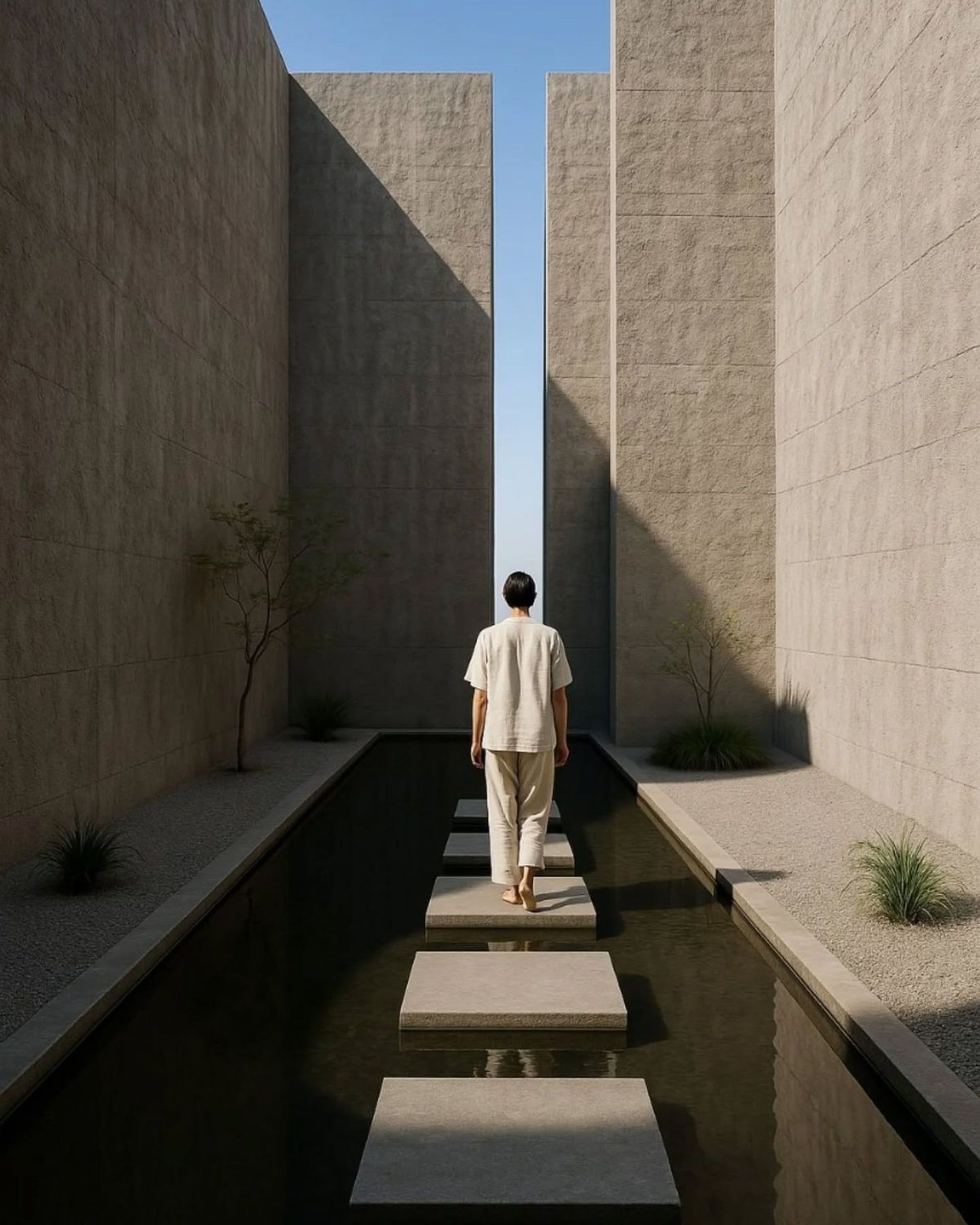 A figure walking stepping stones through a narrow reflecting pool