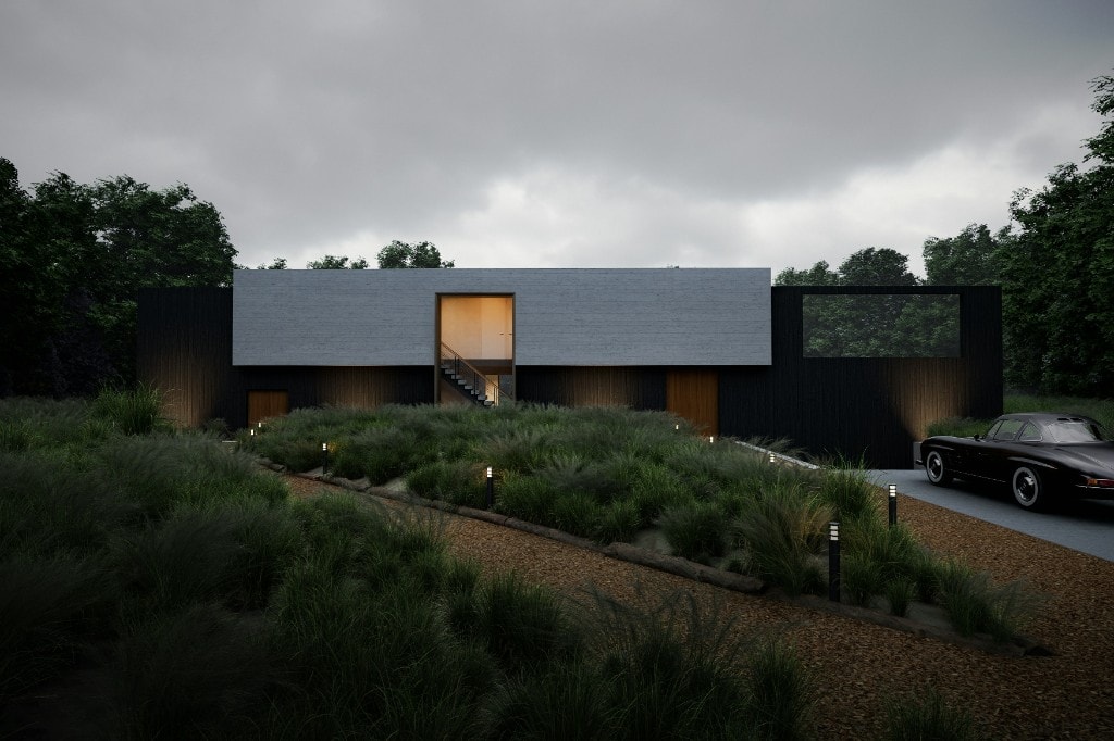 A dark courtyard residence set low against an overcast sky
